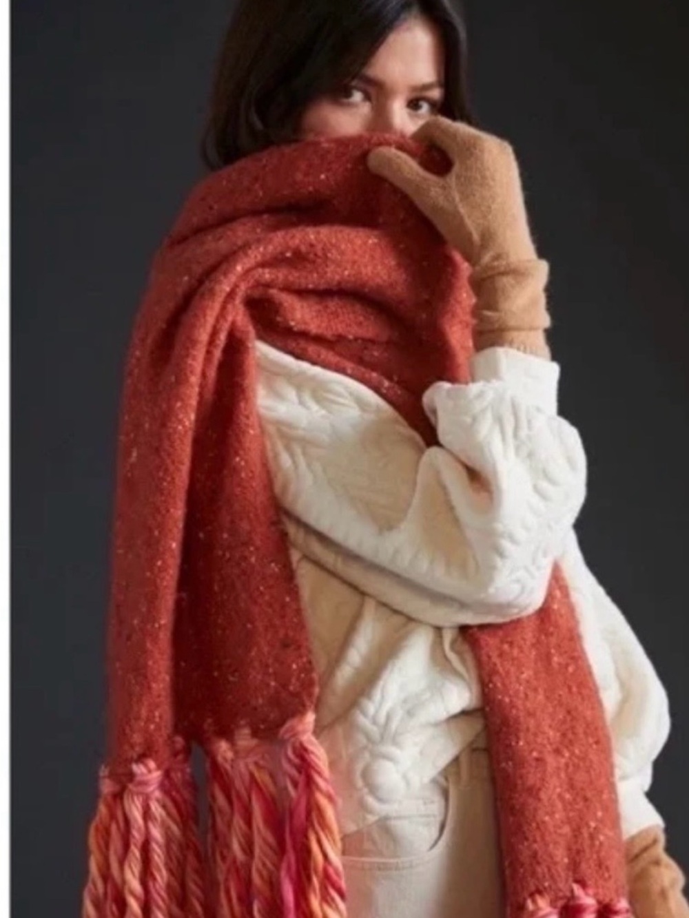 Anthropologie Textured Knit Fringe Wrap Scarf Rust Orange Multi Tassel Oversized